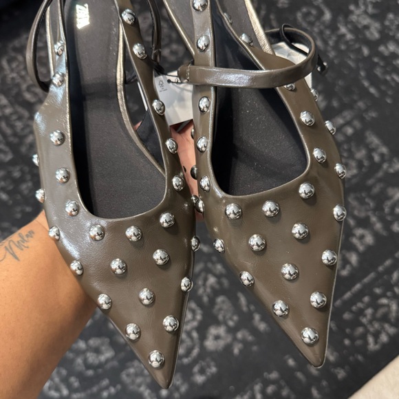 Zara Studded Gray Women's Flat Slingbacks - Picture 2 of 8